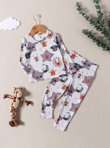 嬰兒男孩卡通圖形貼身睡衣套裝 - 淺灰色 - 查看 1