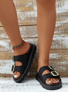 Women Buckle Decor Flatform Slide Sandals, Vacation Sandals - Black - View 3