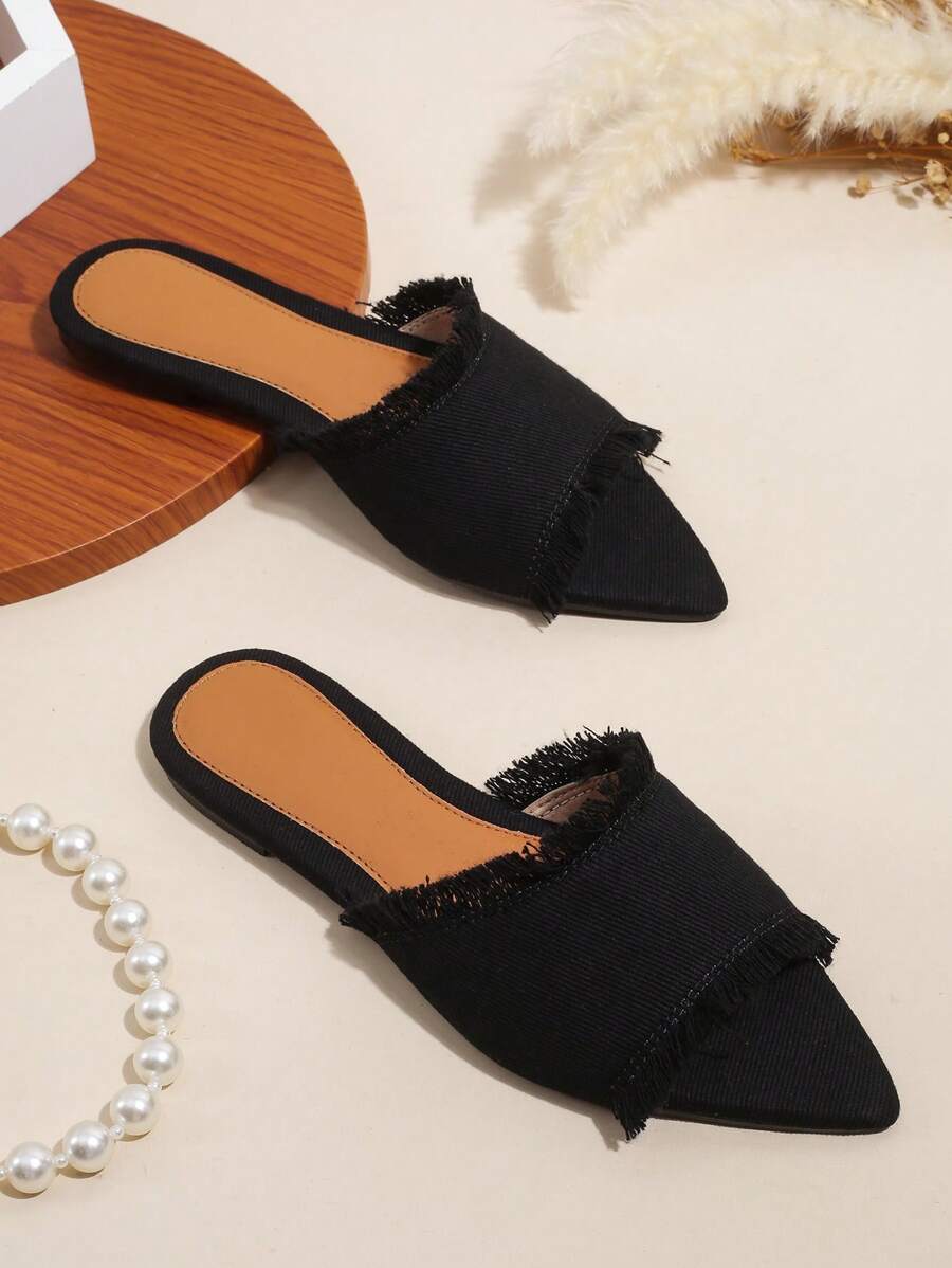 Elegant Black Sandals For Women, Raw Trim Slide Sandals,Spring Summer Outfits - Black - View 1