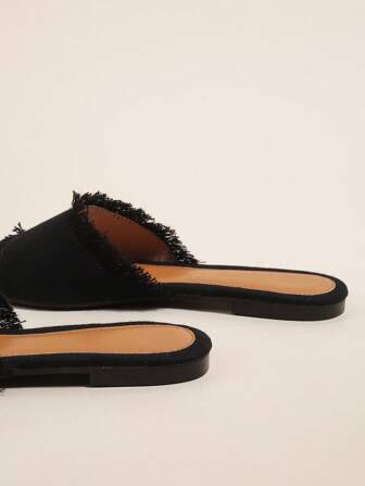 Elegant Black Sandals For Women, Raw Trim Slide Sandals