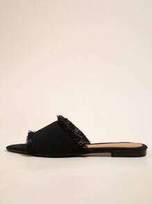 Elegant Black Sandals For Women, Raw Trim Slide Sandals,Spring Summer Outfits - Black - View 3