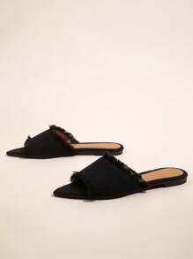 Elegant Black Sandals For Women, Raw Trim Slide Sandals,Spring Summer Outfits - Black - View 4