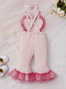 SHEIN 嬰兒網紗拼接荷葉邊前蝴蝶結喇叭連身褲和頭巾 - 淺粉色 - 查看 2