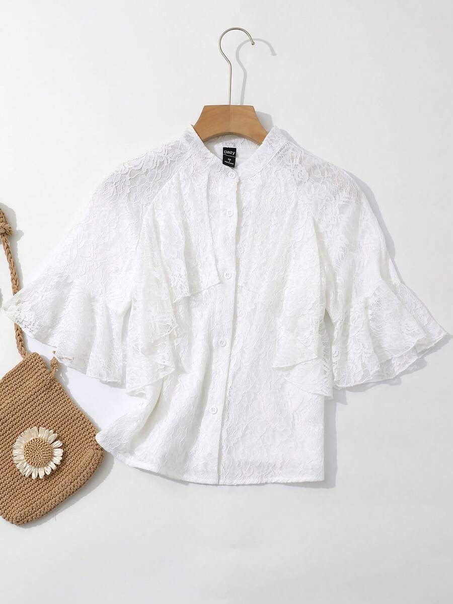 DAZY Áo sơ mi nữ Tương phản ren Xù Nút phía trước Hoa Thanh lịch - trắng - Xem 1