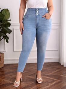 Quần Denim kích thước lớn Túi Dây kéo Nút phía trước màu trơn - Rửa nhẹ - Xem 1
