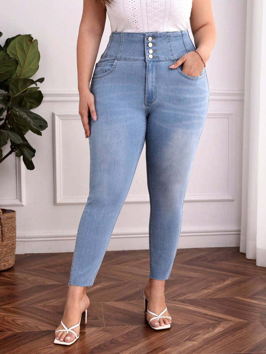 Quần Denim kích thước lớn Túi Dây kéo Nút phía trước màu trơn - Rửa nhẹ - Xem 1