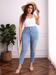 Quần Denim kích thước lớn Túi Dây kéo Nút phía trước màu trơn - Rửa nhẹ - Xem 5