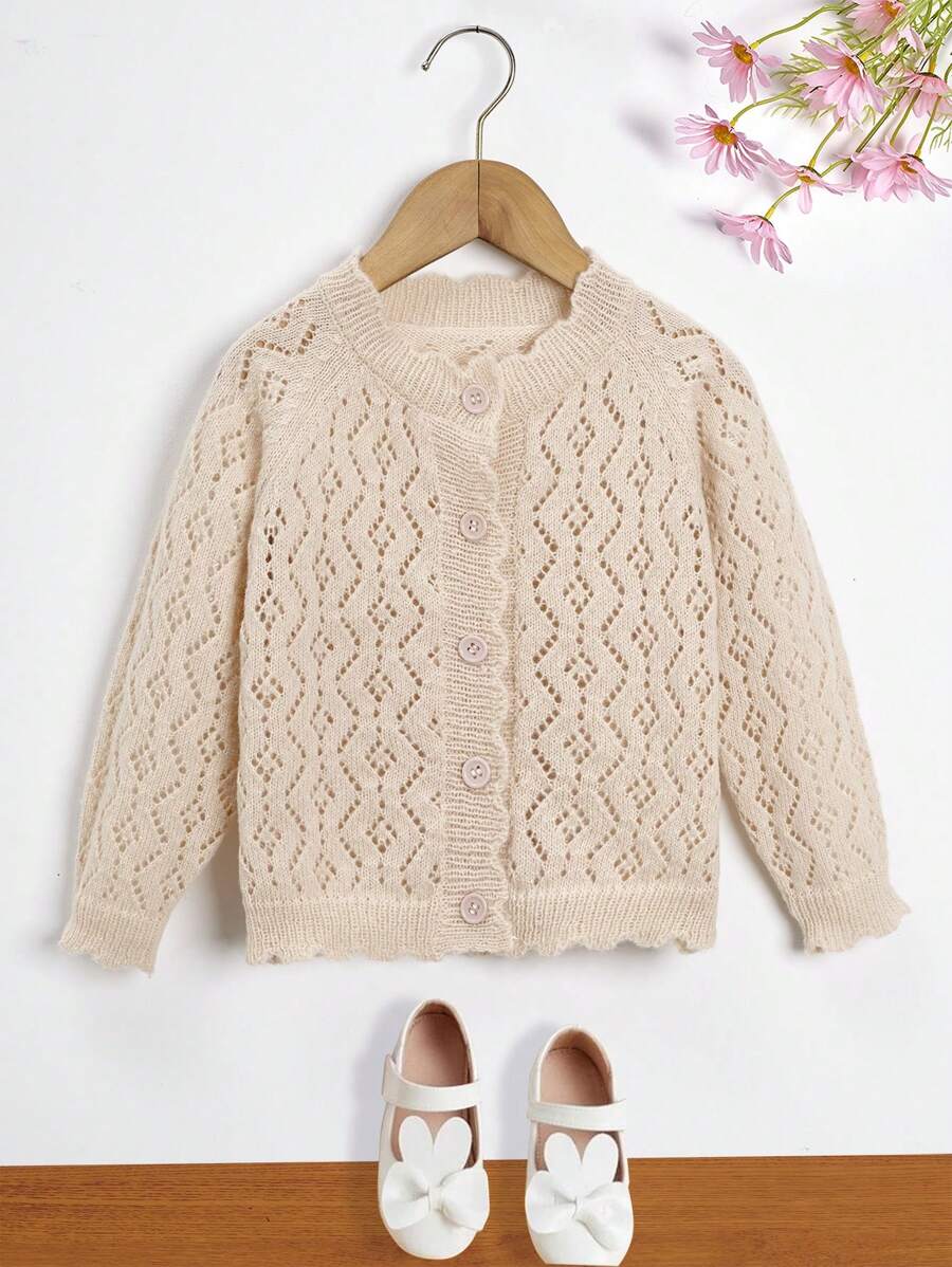 SHEIN Toddler Girls Raglan Sleeve Scallop Trim Pointelle Knit Cardigan - Apricot - View 1