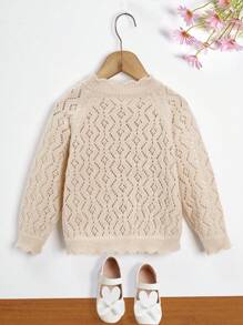 SHEIN Toddler Girls Raglan Sleeve Scallop Trim Pointelle Knit Cardigan - Apricot - View 2