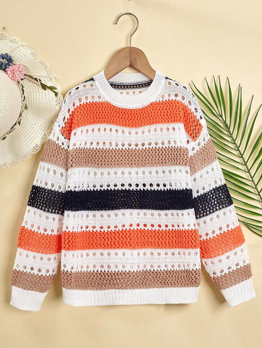 SHEIN Girls Colour Block Drop Shoulder Open Knit Jumper - Multicolor - View 1