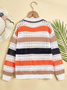 SHEIN Girls Colour Block Drop Shoulder Open Knit Jumper - Multicolor - View 2