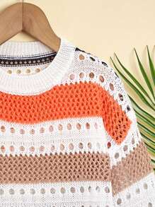 SHEIN Girls Colour Block Drop Shoulder Open Knit Jumper - Multicolor - View 4