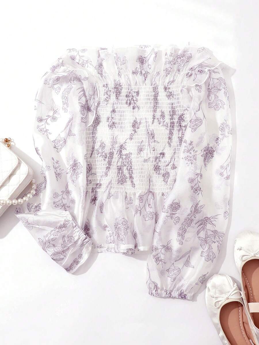 DAZY 印花燈籠袖荷葉邊下擺襯衫 - 白色 - 查看 1