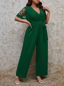 SHEIN Frenchy Jumpsuits Plus Size Thắt lưng Trọn gói Tương phản Mesh Chấm bi Thanh lịch - màu xanh lá - Xem 3