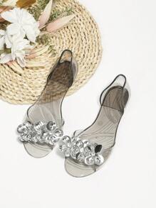 Women Flat Jelly Rhinestone Peep-Toe Sandals - Silver - View 3