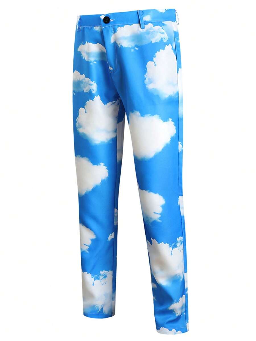 Men Cloud Print Suit Trousers - Blue and White - View 1