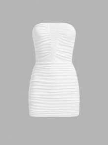 SHEIN ICON 褶邊抹胸緊身洋裝 - 白色 - 查看 1