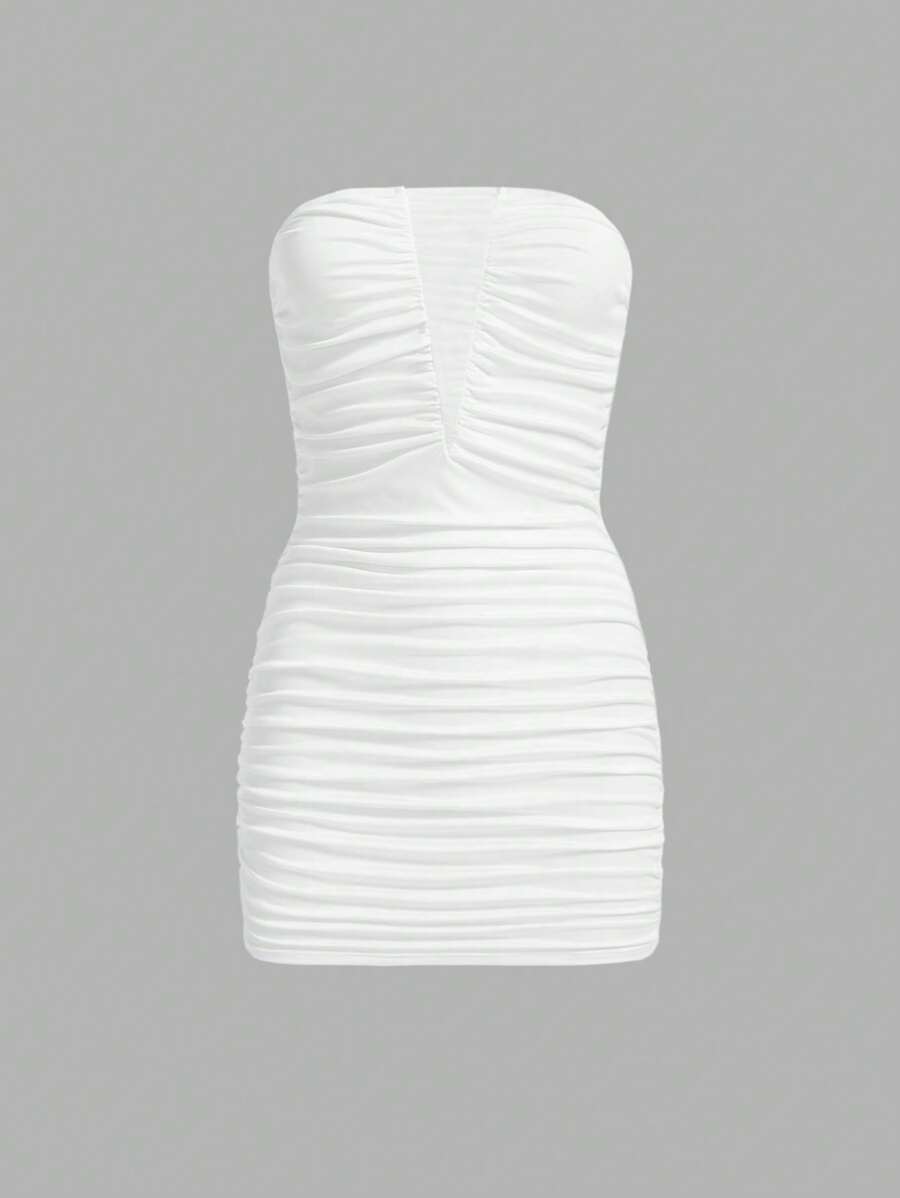 SHEIN ICON 褶邊抹胸緊身洋裝 - 白色 - 查看 1
