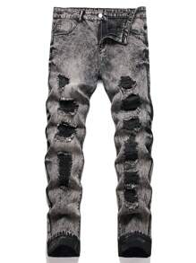 男士破洞磨边漂白洗水牛仔裤 - 灰色 - 查看 1