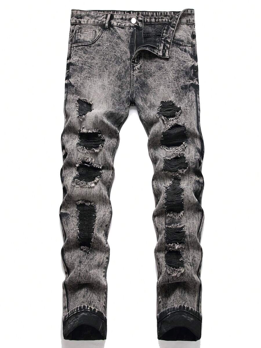男士破洞磨边漂白洗水牛仔裤 - 灰色 - 查看 1