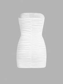 SHEIN ICON 褶邊抹胸緊身洋裝 - 白色 - 查看 2