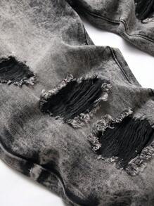 男士破洞磨边漂白洗水牛仔裤 - 灰色 - 查看 3