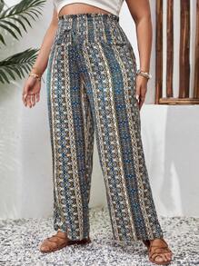 SHEIN VCAY 大碼滿版印花紙袋腰長褲 - 彩色 - 查看 1