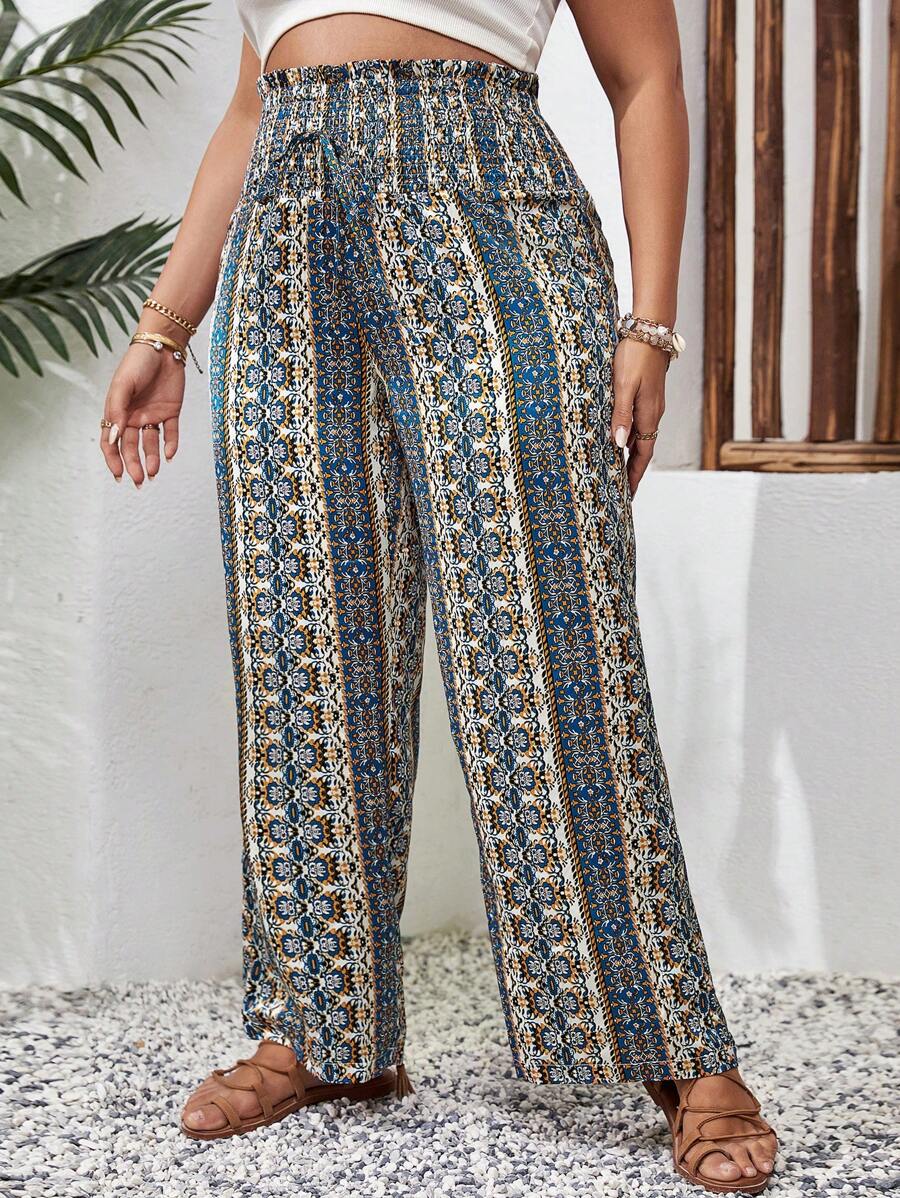 SHEIN VCAY 大碼滿版印花紙袋腰長褲 - 彩色 - 查看 1