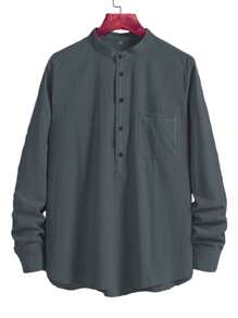 NITAGUT Men Half Button Pocket Patched Shirt - Dark Grey - View 1