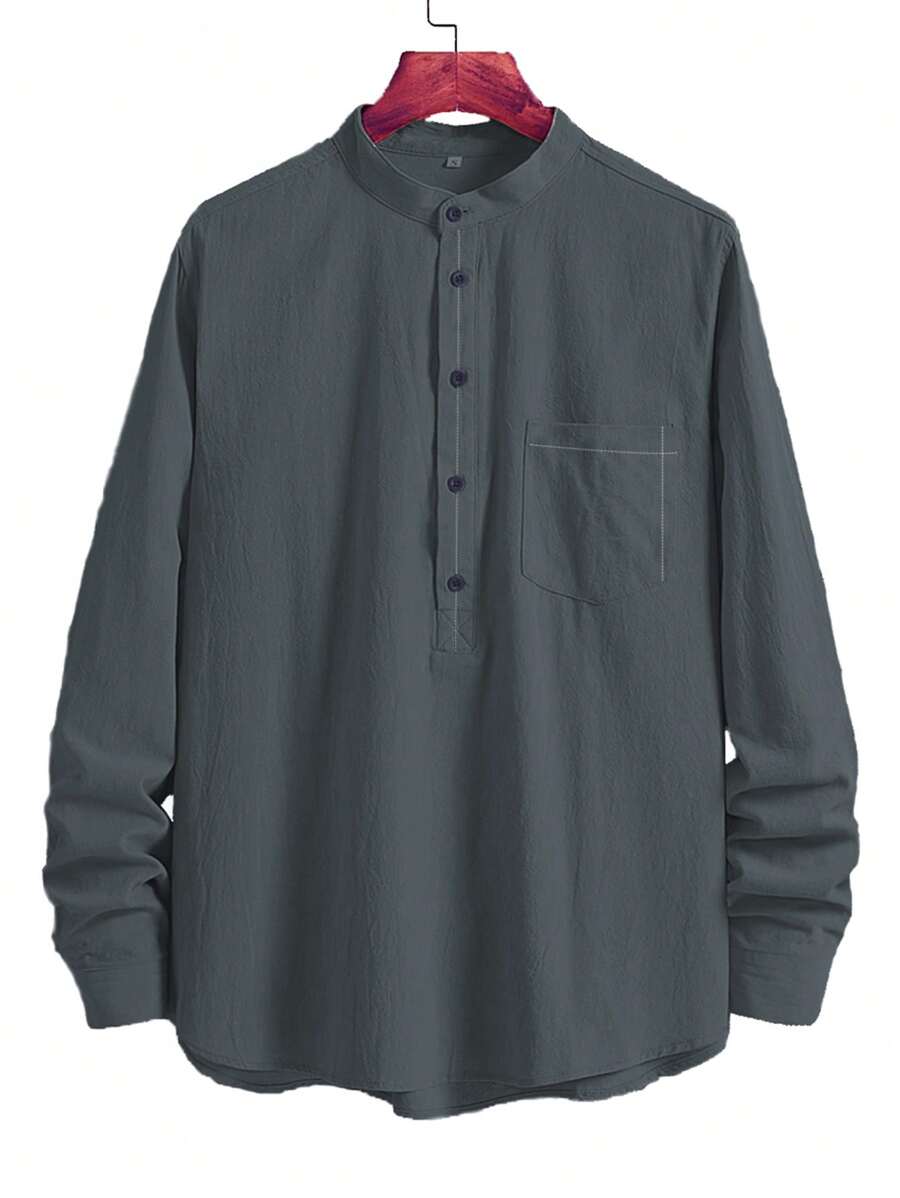 NITAGUT Men Half Button Pocket Patched Shirt - Dark Grey - View 1