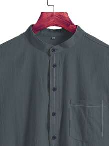NITAGUT Men Half Button Pocket Patched Shirt - Dark Grey - View 4