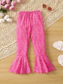 SHEIN Toddler Girls Allover Print Flare Leg Trousers - Hot Pink - View 1