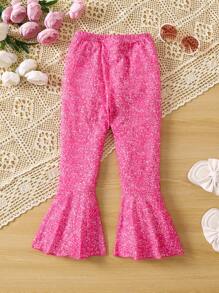 SHEIN Toddler Girls Allover Print Flare Leg Trousers - Hot Pink - View 2
