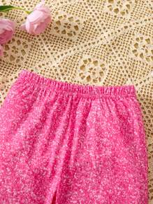 SHEIN Toddler Girls Allover Print Flare Leg Trousers - Hot Pink - View 3