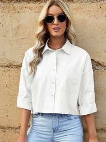 Solid Drop Shoulder Pocket Patched Shirt - White - View 2