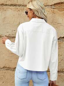 Solid Drop Shoulder Pocket Patched Shirt - White - View 3