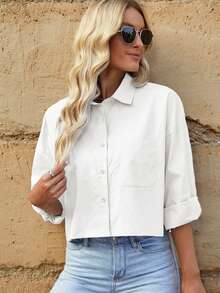 Solid Drop Shoulder Pocket Patched Shirt - White - View 5