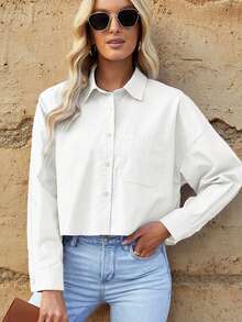 Solid Drop Shoulder Pocket Patched Shirt - White - View 6