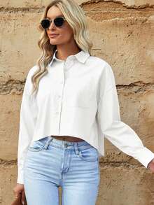 Solid Drop Shoulder Pocket Patched Shirt - White - View 7