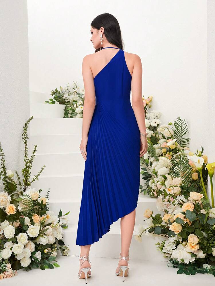 Solid Pleated Asymmetrical Hem Dress Long Evening Dresses