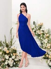 Modelyn 素色百褶不對稱下擺連衣裙 - 藍色 - 查看 6