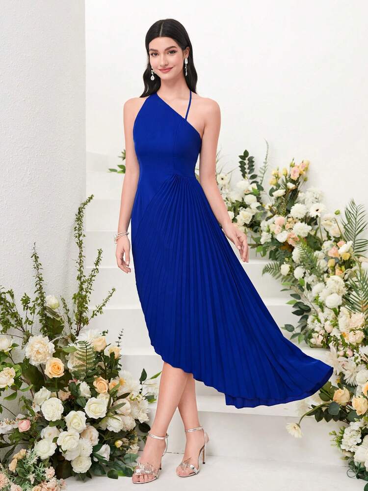 Solid Pleated Asymmetrical Hem Dress Long Evening Dresses