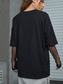 ROMWE Goth Slogan Skull Graphic Drop Shoulder Tee No Talked Before Coffee, School - Black - View 2