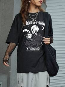 ROMWE Goth Slogan Skull Graphic Drop Shoulder Tee No Talked Before Coffee, School - Black - View 4