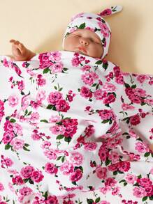 momscare Bộ 1 chăn quấn em bé in họa tiết hoa trà hồng tinh tế kèm mũ, khăn trùm đầu mềm mại cho bé, chăn xe đẩy, món quà ngọt ngào dành cho mọi bé gái, phù hợp sử dụng ở nhà và khi đi du lịch, tràn đầy tình yêu thương, quà tặng ngày Valentine. - Nhiều màu - Xem 2