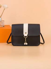女孩迷你拼色珍珠手拿包，多功能PU手機肩背包 - 黑色 - 查看 2