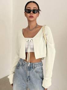 DAZY Tie Front Crop Cardigan - White - View 1