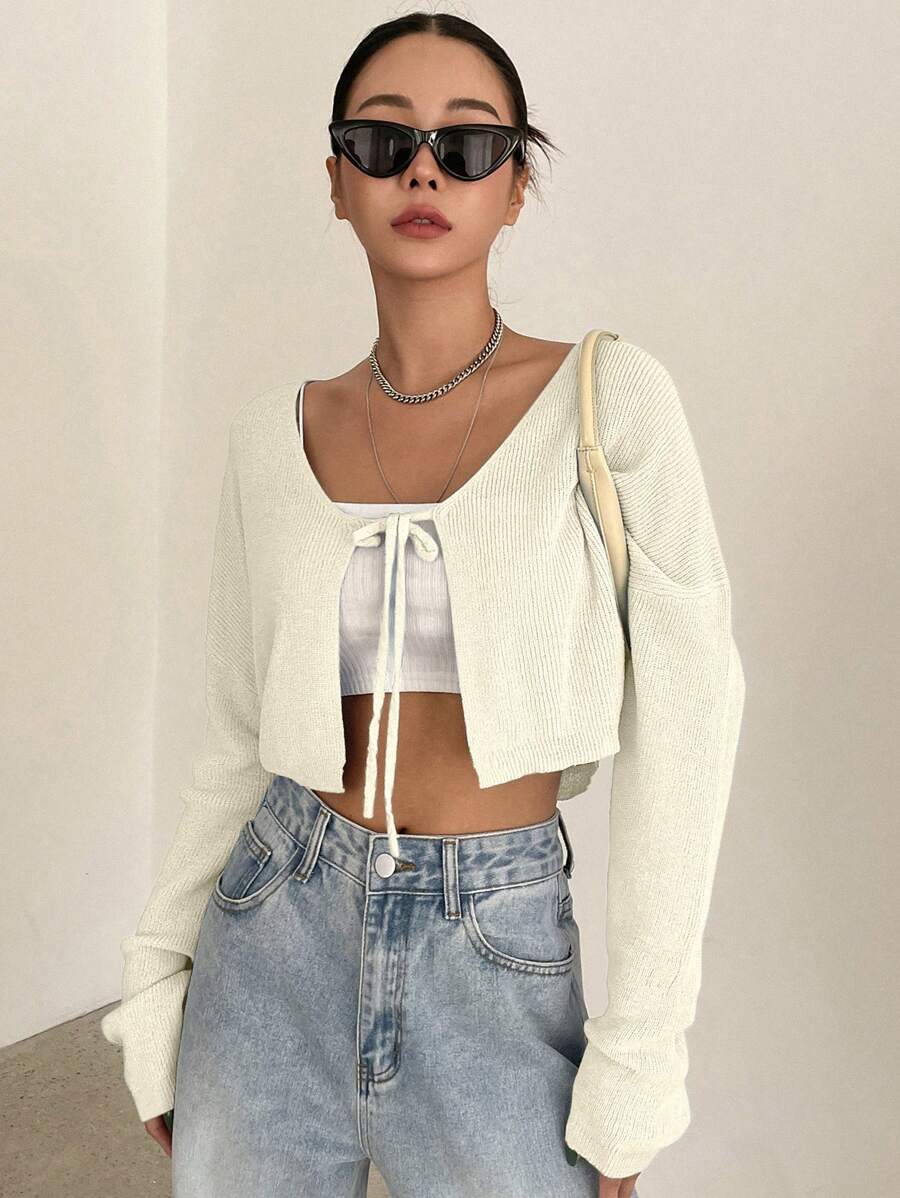 DAZY Tie Front Crop Cardigan - White - View 1