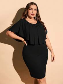 SHEIN LUNE Đầm Plus Size Xù màu trơn Thanh lịch - màu đen - Xem 1