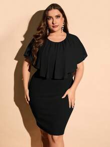 SHEIN LUNE Đầm Plus Size Xù màu trơn Thanh lịch - màu đen - Xem 2